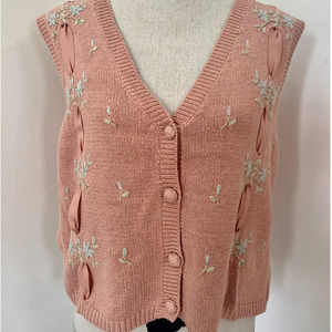 Vintage Pink Floral Embroidered Knit Vest w/ Ribbons